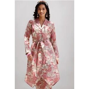 Cottagecore Silk Blend Artsy Floral Shirt Dress Pink Gold  Button Down Size L